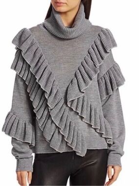Alice + Olivia Gray Wool Asymmetrical Ruffle Turtleneck Sweater